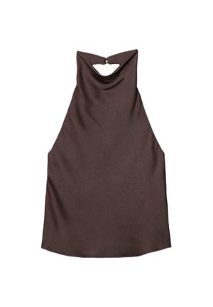 Ärmelloses dunkelbraunes Satin-Halstertop mit drapiertem Ausschnitt und kleiner Schlüsselloch-Detail am Rücken, flach auf weißem Hintergrund liegend.