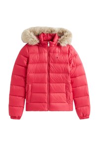 Veste d'hiver matelassée rouge avec fermeture éclair avant, deux poches avant, poignets élastiques et capuche bordée de fausse fourrure beige.