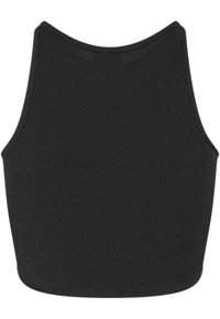 Svart ribbad crop-top med hög halsringning och ärmlös design. Slät textur och åtsittande form, utan synliga mönster eller dekorationer.