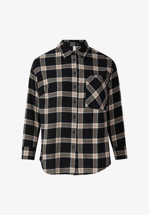 Camicia nera con bottoni, motivo a quadri marroni, bianchi e grigi, maniche lunghe, colletto e taschino anteriore con design a quadri diagonali.