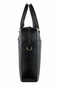 Borsa in pelle nera con design verticale, texture liscia, chiusura con cerniera superiore e due manici in pelle con accenti di ottone.