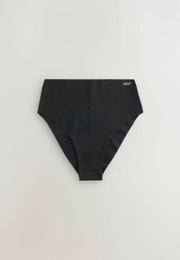 Crna bikinijska donja hladovina visokog struka od glatkog materijala s čvrstom teksturom, koja ima mali bijeli "NEXT" logo na struku.