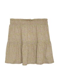 Blommig, trelagerskjol med smockat midjeband. Tillverkad av lättviktsmaterial i grönt med rosa och lila blommönster. Mjuk textur.