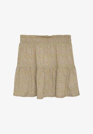 Blomstret lagdelt nederdel med smocket talje. Lavet af letvægtsstof i grøn med rosa og lilla blomster mønstre. Blød tekstur.