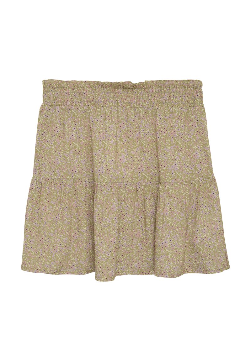 Blommig, trelagerskjol med smockat midjeband. Tillverkad av lättviktsmaterial i grönt med rosa och lila blommönster. Mjuk textur.