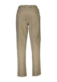 Beige Leinenhosen mit entspannter Passform, ausgestattet mit einem elastischen Bund und zwei hinteren Taschen mit Knopfverschluss. Glatte Textur, gerade Beine.