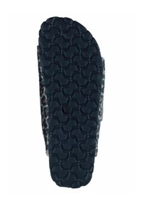 Leopard-patterned flip-flop with a textured black rubber sole. Slip-on design with a soft fabric strap covering the top.