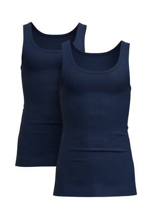 Two navy blue sleeveless tank tops with a scoop neckline, shown against a white background.
