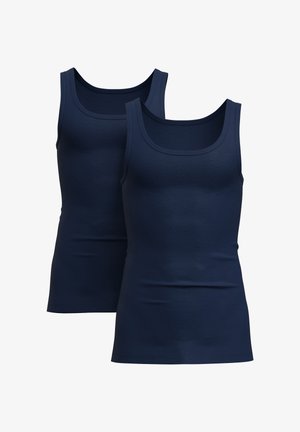 Twee marineblauwe mouwloze tanktops met een ronde halslijn, getoond tegen een witte achtergrond.