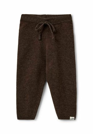Pantalon tricoté marron pour tout-petit avec ceinture côtelée, lien coulissant et poignets côtelés, avec une petite étiquette de marque en tissu sur la jambe.