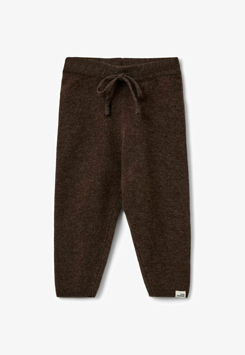 Pantalon tricoté marron pour tout-petit avec ceinture côtelée, lien coulissant et poignets côtelés, avec une petite étiquette de marque en tissu sur la jambe.