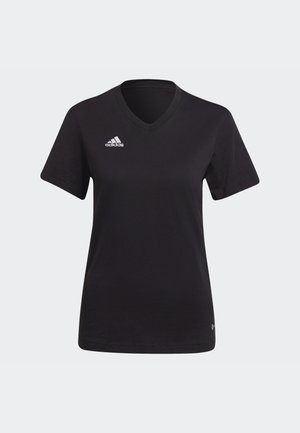 Fekete Adidas póló V-nyakkivágással, rövid ujjakkal és fehér logóval a bal mellkasi területen. Puha anyagból készült.