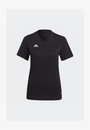 Musta Adidas t-paita, jossa on V-kaula-aukko, lyhyet hihat ja valkoinen logo vasemmassa rintakappaleessa. Valmistettu pehmeästä kankaasta.