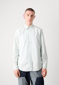 Camisa de botones verde claro, de manga larga y textura suave y lisa. Presenta un collar puntiagudo y un sutil logo en el pecho.