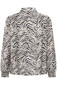 Zebra-patterned blouse featuring a buttoned collar, long sleeves with elastic cuffs, and a relaxed fit in a lightweight fabric blend.