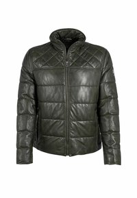 Giacca in pelle verde trapuntata con colletto alto e zip sul davanti. Presenta un design imbottito con una texture liscia e una silhouette strutturata.