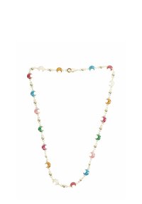 Collana in oro con ciondoli a forma di mezza luna alternati, luccicanti, nei colori rosa, verde, blu, arancione, rosso e bianco.