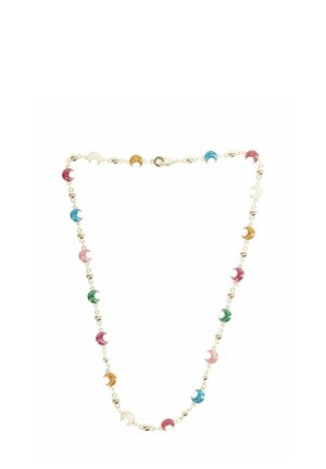 Collana in oro con ciondoli a forma di mezza luna alternati, luccicanti, nei colori rosa, verde, blu, arancione, rosso e bianco.