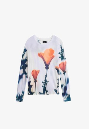 Long-sleeve shirt with a floral design featuring orange flowers against a light blue and white background. Soft fabric and round neckline.