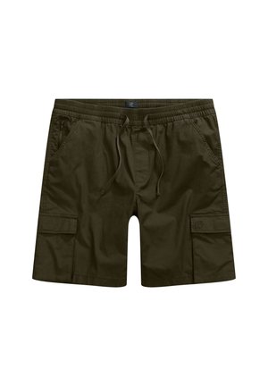 Shorts cargo verts olive avec une taille élastique, un cordon de serrage, deux poches latérales et une poche sur la jambe pour le stockage. Tissu léger.