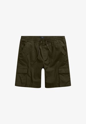 Olivgrüne Cargo-Shorts mit elastischem Bund, Kordelzug, zwei Seitentaschen und einer Beintasche zur Aufbewahrung. Leichter Stoff.