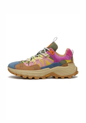 Multi-colored hiking shoes with a mix of suede and mesh, featuring a rugged outsole, prominent laces, and reinforced heel for stability.