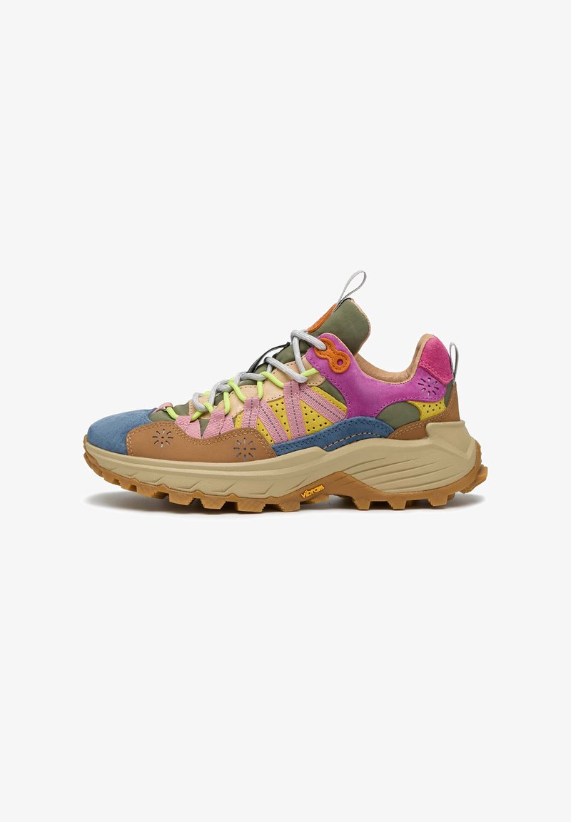 Chaussures de randonnée multicolores avec un mélange de daim et de maille, dotées d'une semelle extérieure robuste, de lacets proéminents et d'un talon renforcé pour la stabilité.
