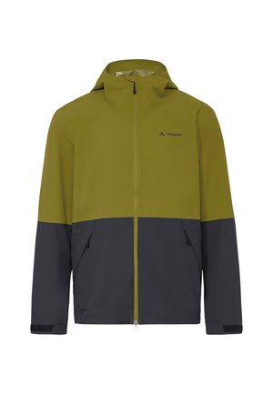 Veste à capuche bicolore vert et gris foncé avec fermeture éclair frontale, poches latérales zippées, et logo Vaude sur la partie supérieure de la poitrine.