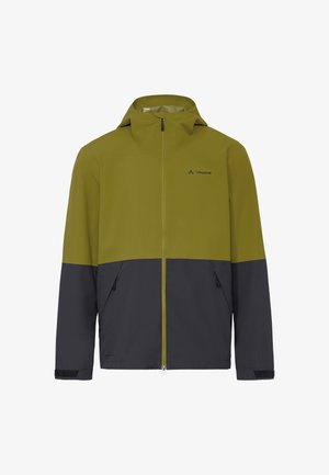 Veste à capuche bicolore vert et gris foncé avec fermeture éclair frontale, poches latérales zippées, et logo Vaude sur la partie supérieure de la poitrine.
