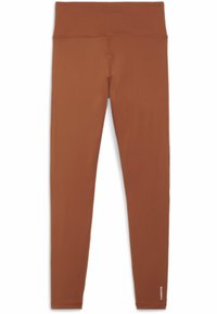Brune, tætsiddende leggings lavet af strækbart materiale; høj talje; glat tekstur med logo-detalje nær anklen.