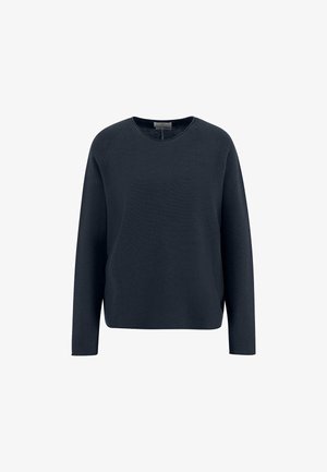 Tengerészkék pulóver kerek nyakkivágással, hosszú ujjakkal és lazább szabással. Puha, texturált kötött anyagból készült.