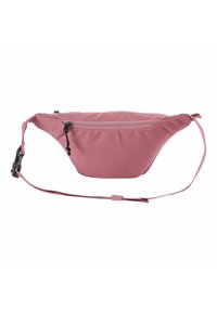 Roze stoffen heupband met een gebogen vorm, ritsvak, verstelbare band en een gladde textuur. Geschikt voor casual gebruik.