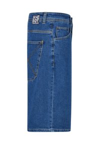 Jeansrock in mittlerem Blau mit geradem Schnitt, ausgestattet mit gelben Nähten, einer Gesäßtasche mit einzigartigem dreieckigem Design und einem Markenlabel.