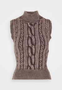 Maglione smanicato marrone a maglia con collo alto, caratterizzato da motivi a treccia sul davanti e orlo a coste per texture e dettagli.