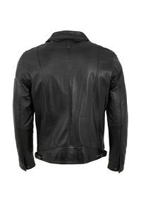 Schwarze Lederjacke mit klassischem Kragen, taillierter Passform, Steppdetails und Knopf-Elementen an der Taille und den Manschetten.