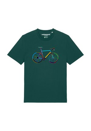 Grünes Baumwoll-T-Shirt mit einem bunten Grafikdesign eines Fahrrads, das lebendige Akzente in Blau, Gelb und Pink auf den Rädern und dem Rahmen zeigt.