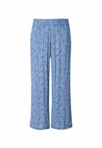 Pantalones azul claro con un patrón de paisley en azul oscuro y amarillo. Cintura elástica, corte relajado, diseñados para la comodidad y facilidad de uso.