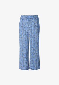 Pantalones azul claro con un patrón de paisley en azul oscuro y amarillo. Cintura elástica, corte relajado, diseñados para la comodidad y facilidad de uso.