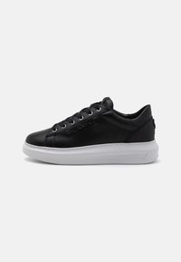 Black leather sneakers with a white sole, rounded toe, and lace-up design. Features embossed logo and smooth texture.