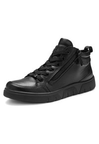 Schwarzer High-Top-Sneaker aus Leder mit strukturierter Sohle, seitlichem Reißverschluss, Schnürung vorne, gepolstertem Knöchelkragen und Zuglasche an der Ferse.