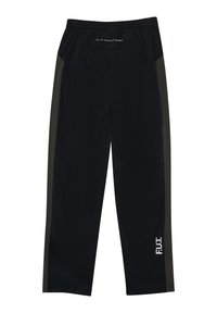 Schwarze Sporthose mit dunkelgrauen Seitenpaneelen, elastischem Bund und weißem "FUT."-Logo nahe dem linken Knöchel.