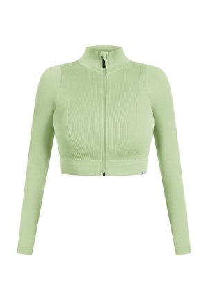 Top corto de color verde claro, con textura acanalada, cierre de cremallera y mangas largas, que cuenta con un alto cuello y una pequeña etiqueta de la marca en el dobladillo.