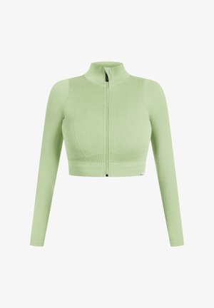 Lys grøn, ribbet, cropped zip-up top med lange ærmer og høj krave, der har et lille mærkestik ved kanten.