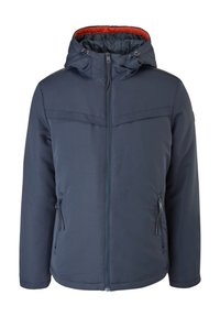 Veste à capuche bleu marine avec fermeture éclair à l'avant, deux poches latérales zippées et doublure intérieure orange de la capuche, conçue pour temps froid.