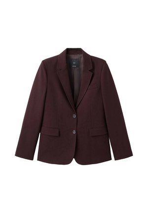 Bordeauxrode blazer met een reverskraag, twee voorzakken en een sluiting met één knoop. Gemaakt van een gestructureerde stof, ongevoerd interieur.