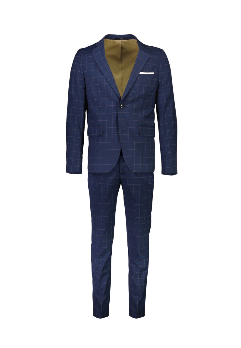 Laivastonsininen puku, jossa on vaalea ruutukuvio, yksirivinen nappilista, läppätaskut, valkoinen taskuliina ja sopivat slim-fit-housut.