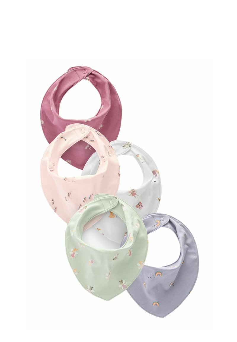 Set aus vier Baby-Lätzchen in Pink, Weiß, Mintgrün und Lavendel, mit verschiedenen Blumen- und Regenbogenmustern. Weicher Stoff mit Druckknopfverschlüssen.