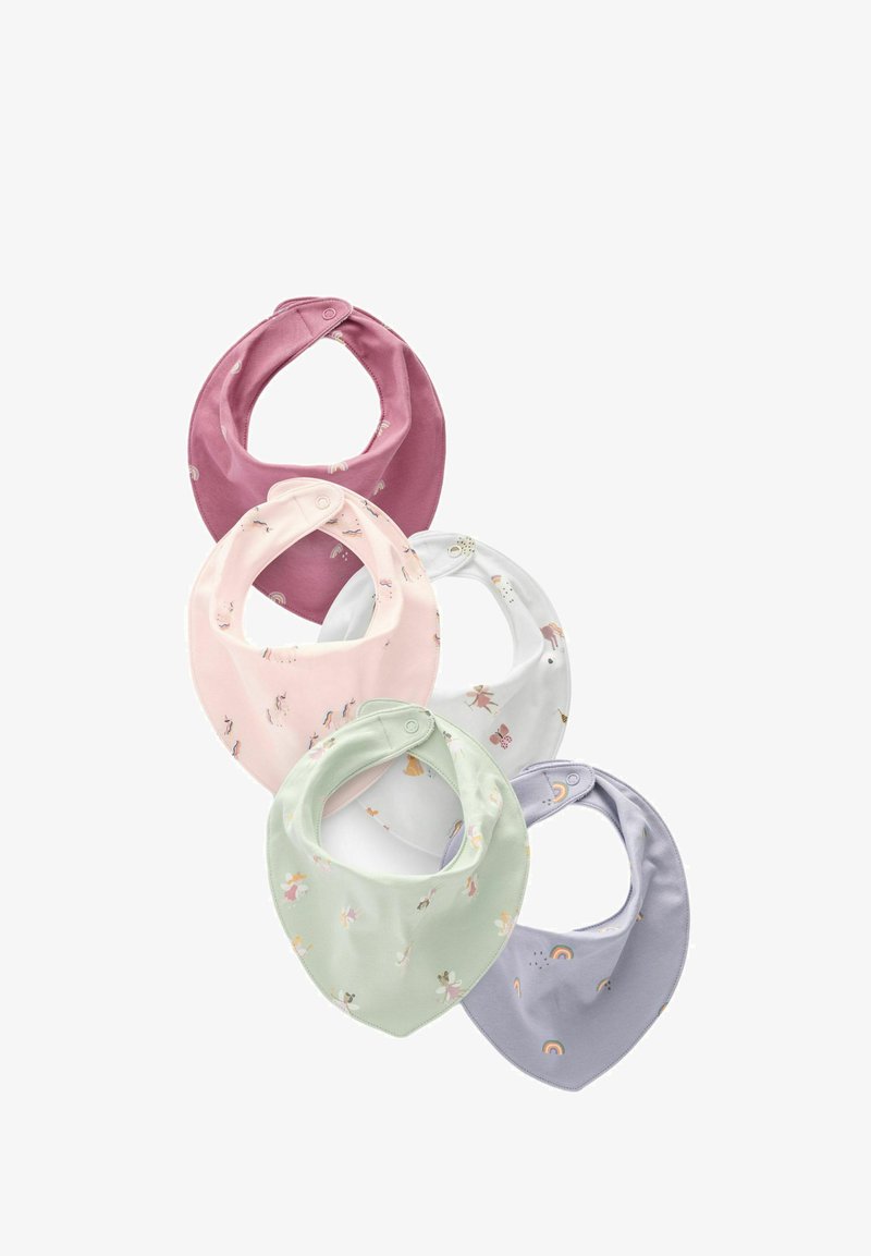 Ensemble de quatre bavoirs pour bébé en rose, blanc, vert menthe et lavande, présentant divers motifs floraux et de arc-en-ciel. Tissu doux avec boutons-pression.