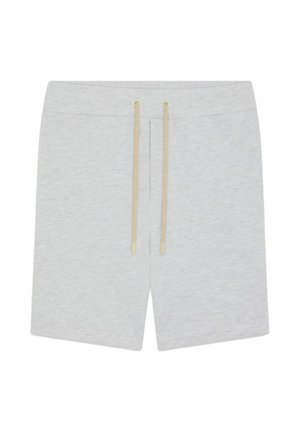Shorts décontractés gris clair avec une taille à cordon beige, fabriqués en tissu doux, présentés à plat sur un fond blanc.