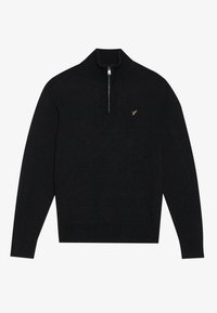 Pull noir à demi-fermeture éclair en tissu texturé ; comprend un col montant et un petit logo brodé sur la poitrine. Poignets et ourlet côtelés.